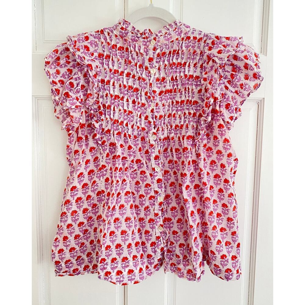 Oliphant Pintuck Ruffle Blouse Top Cotton Floral Pink Block Print Tuckernuck - Picture 4 of 7